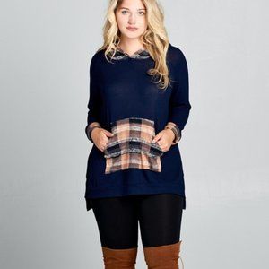 Long Sleeve Navy Plaid Contrast Tunic Hoodie Top
